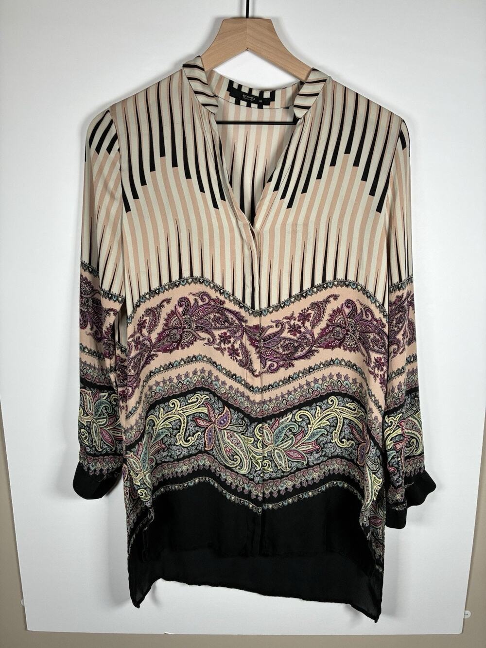 Etro Sz 40 US 4 100% Silk Blouse Paisley Stripe Italy V-Neck Hi-Low FLAW Silk